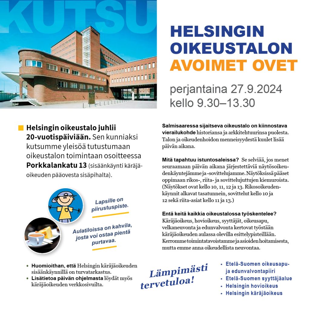 Kutsu oikeustalon avoimiin oviin, 2024, juliste.