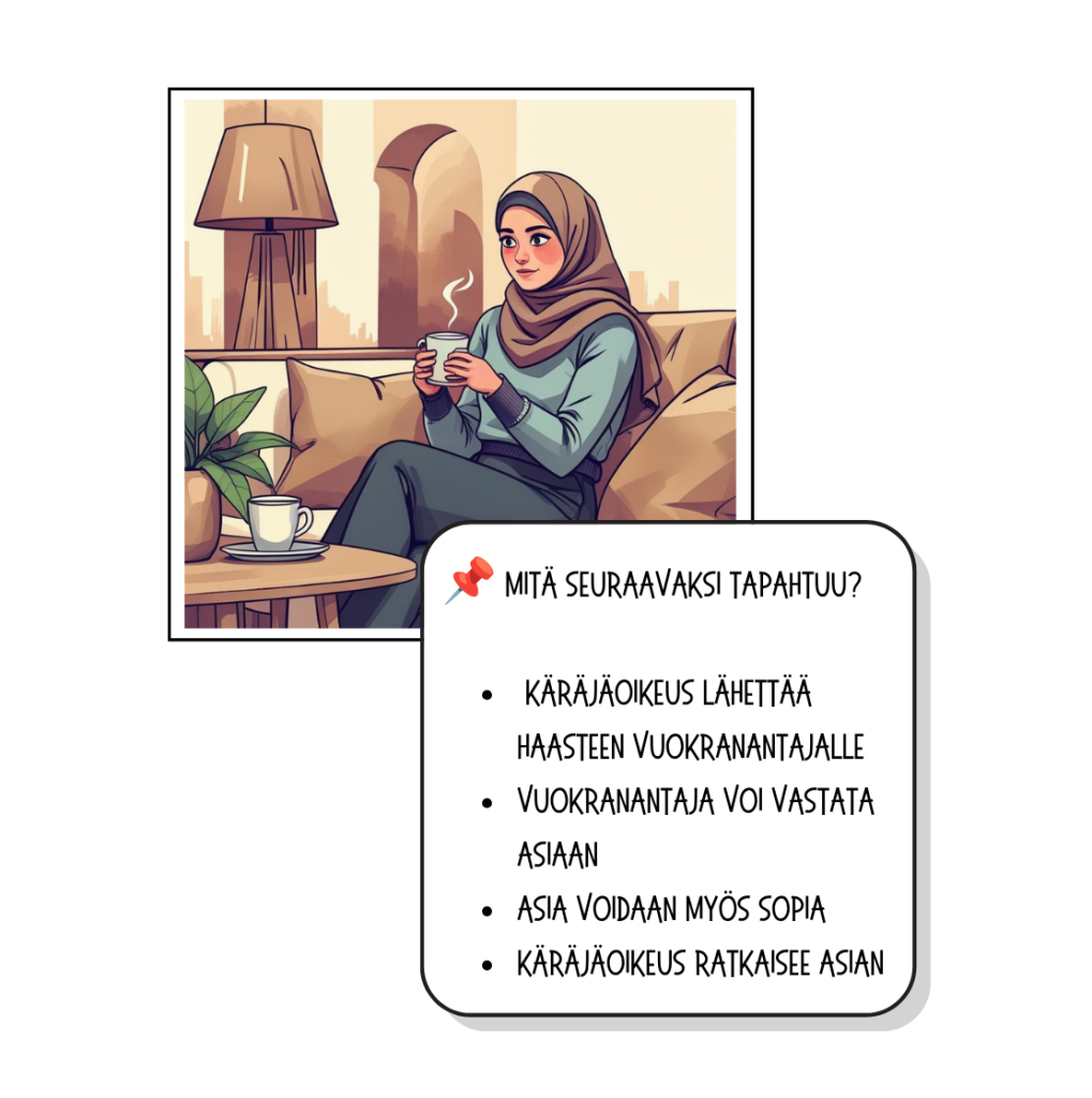 Sarjakuva kuva 9. Nainen istuu sohvalla ja odottaa asian ratkaisua.