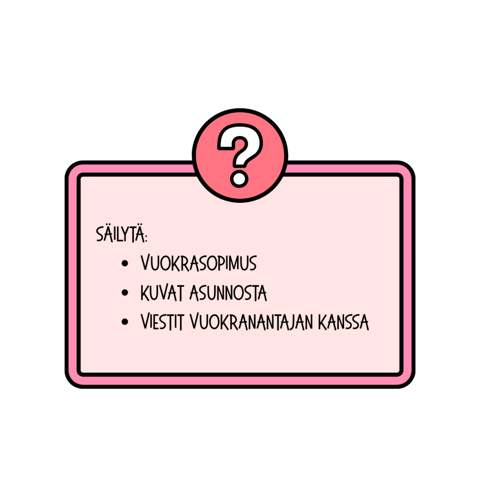 Sarjakuva kuva 2. Säilytä vuokrasopimus, kuvat asunnosta ja viestit vuokranantajan kanssa