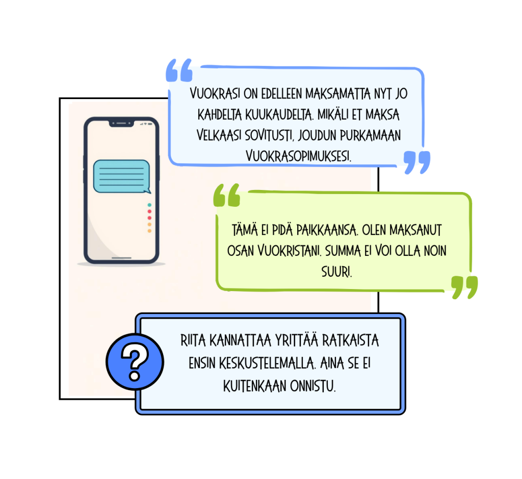 Sarjakuva kuva 2. Asia kannattaa yrittää ratkaista ensin keskustelemalla. Aina se ei kuitenkaan onnistu.