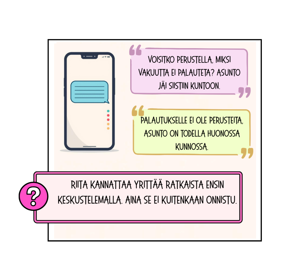 Sarjakuva kuva 4. Riita vuokravakuudesta kannattaa yrittää ensin keskustelemalla