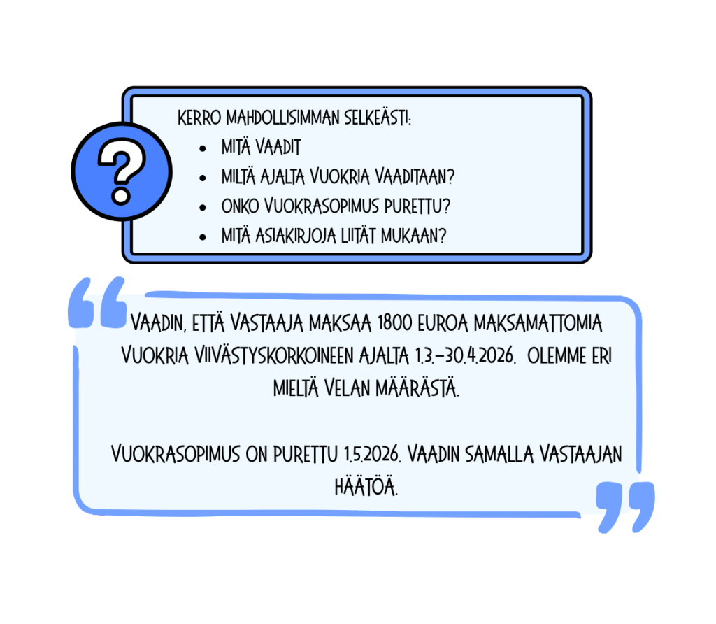 Sarjakuva kuva 5. Kerro mahdollisimman selkeästi mitä vaadit, miltä ajalta vuokria vaaditaan, onko vuokrasopimus purettu ja mitä asiakirjoja liität mukaan.