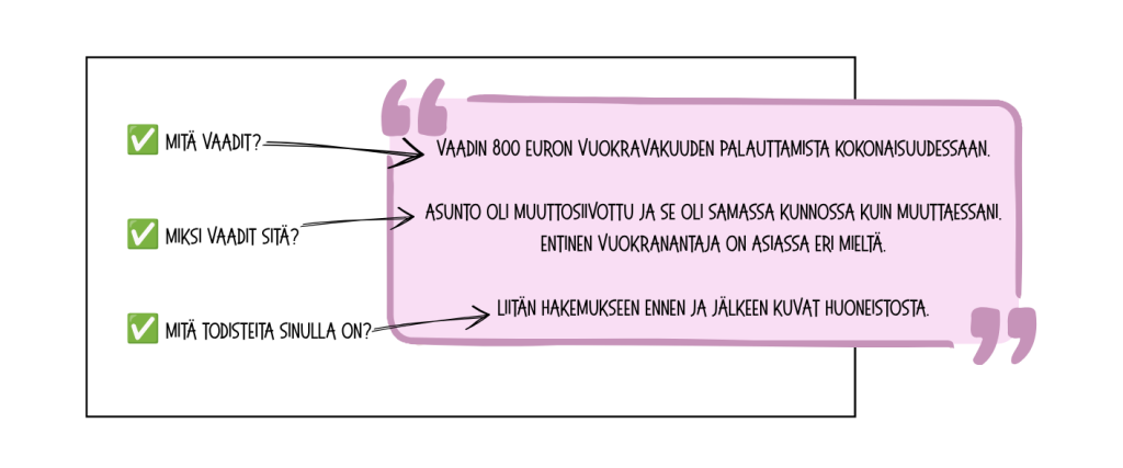 Sarjakuva kuva 5. Liitä hakemukseen mitä vaadit, miksi vaadit ja mitä todisteita sinulla on